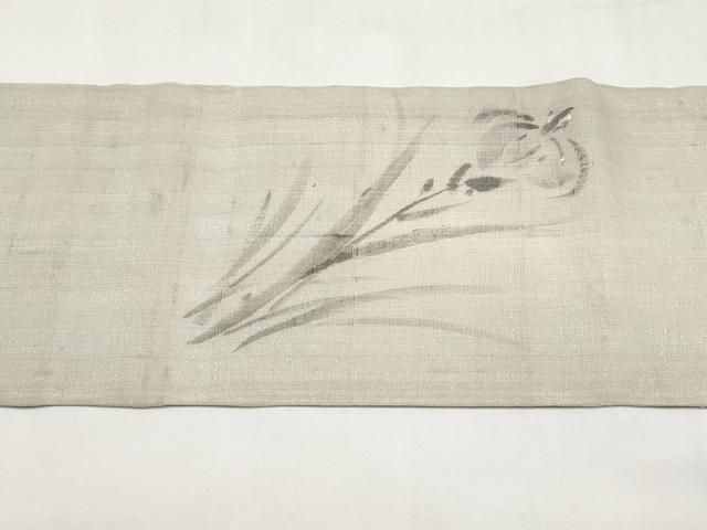 平和屋着物*夏物 九寸名古屋帯 作家物 手描き 紬地 杜若 銀通し地 正絹 逸品 CABK1983tx
