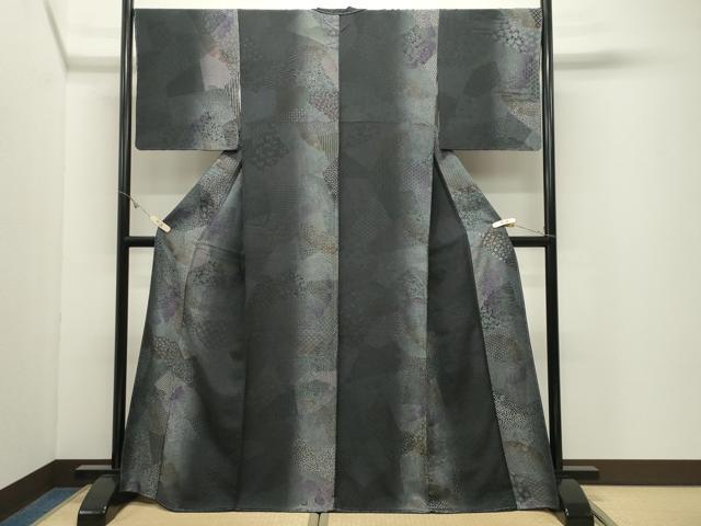 平和屋着物●江戸小紋 寄せ小紋柄 暈し染め 黒地 正絹 逸品 未使用 CABK2017gh