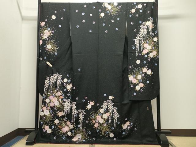 平和屋着物●世界的ファッションデザイナー山本寛斎kansaiブランド振袖刺繍簪花文黒地金彩銀通し地京都きもの友禅扱い正絹逸品CABK2019gh