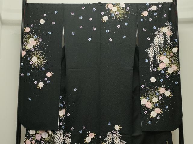 平和屋着物●世界的ファッションデザイナー山本寛斎kansaiブランド振袖刺繍簪花文黒地金彩銀通し地京都きもの友禅扱い正絹逸品CABK2019gh