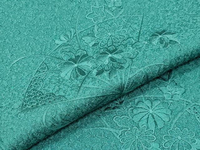 平和屋着物●中国三大刺繍 スワトウ刺繍 無地絵羽訪問着 扇面花文 青緑色 正絹 逸品 CABK2026gh