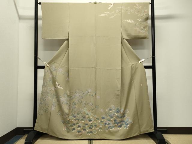 平和屋着物●十日町 加賀草木友禅の第一人者 田村哲彦 訪問着 尾長鳥枝葉文 正絹 逸品 CABK2087gh