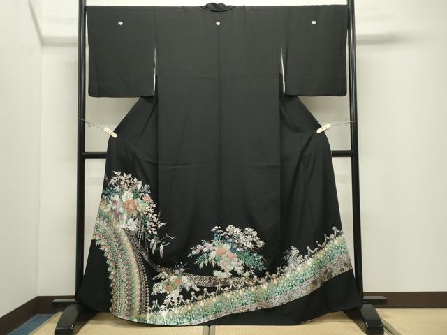 平和屋着物●豪華黒留袖 螺鈿 花瓶 金銀彩 正絹 逸品 CABK2097gh