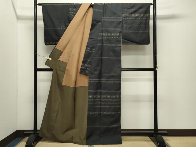 平和屋着物●本場大島紬 訪問着 刺し子 横段菱文 正絹 逸品 CABK2122gh