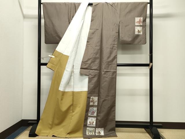 平和屋着物●訪問着 紬地 作家物 刺繍 舞蝶文 ロング丈 正絹 逸品 CABK2160gh