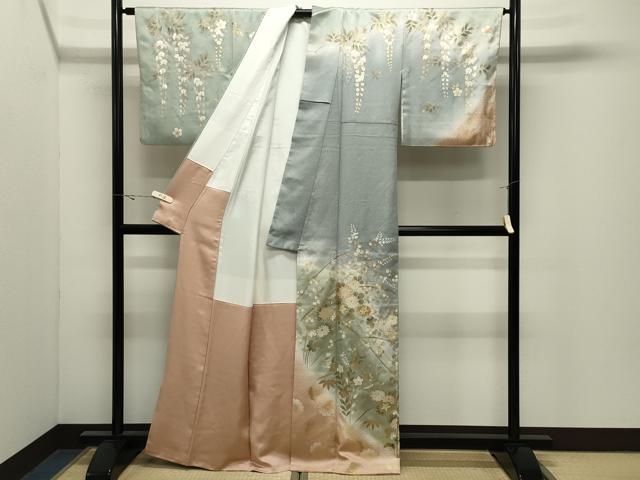 平和屋着物●訪問着 駒刺繍 草花文 暈し染め 金銀彩 正絹 逸品 CABK2244gh