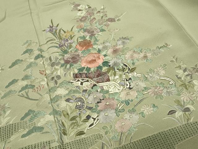 平和屋着物●色留訪問着 翠山刺繍 花車文 暈し染め 金糸 正絹 逸品 CABK2258gh