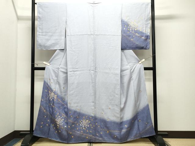 平和屋着物●訪問着 作家物 舞桜文 暈し染め 金彩 銀通し地 正絹 逸品 未使用 CABK2293gh