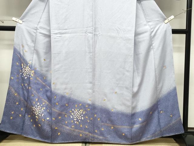 平和屋着物●訪問着 作家物 舞桜文 暈し染め 金彩 銀通し地 正絹 逸品 未使用 CABK2293gh