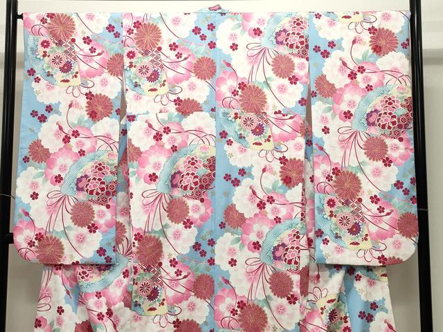 平和屋着物●小振袖 二尺袖 檜扇花文 金彩 洗える着物 CABK2352gh