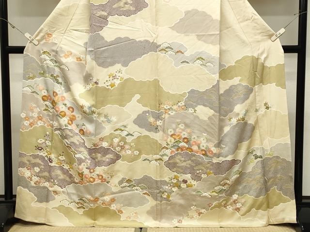 平和屋着物●訪問着 駒刺繍 雲重ね花文 金彩 正絹 逸品 CABK2381gh