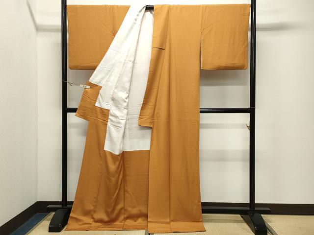 平和屋着物●上質な色無地 紋意匠 金茶色 ロング丈 正絹 逸品 CABK2397gh