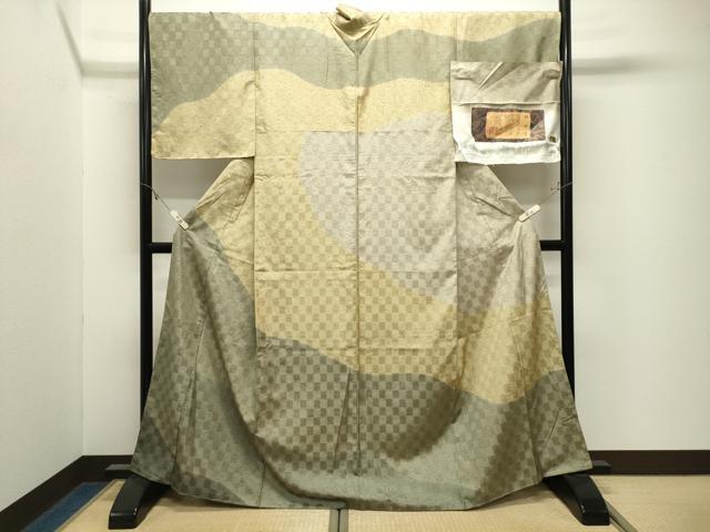 平和屋着物●訪問着 紬地 柿渋染 市松吉祥文 証紙付き 正絹 逸品 未使用 CABK2437gh