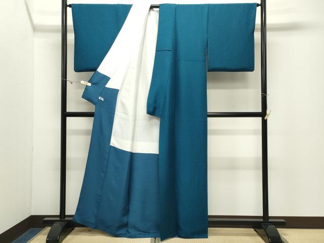 平和屋着物●上質な色無地 市松地紋 藍色 ラメ糸 正絹 逸品 CABK2464gh