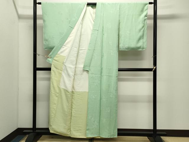 平和屋着物●上質な色無地 カトレア地紋 若芽色 正絹 逸品 未使用 CABK2635gh
