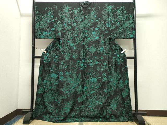 平和屋着物●訪問着 紬地 草花文 黒地 正絹 逸品 CABK2657gh