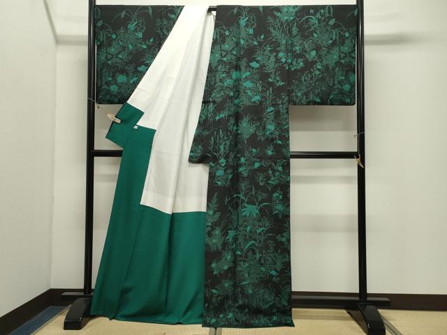 平和屋着物●訪問着 紬地 草花文 黒地 正絹 逸品 CABK2657gh