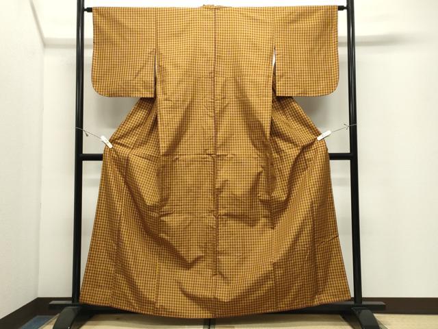 平和屋着物●本場黄八丈 綾織 紬 格子柄 正絹 逸品 CABK2685gh