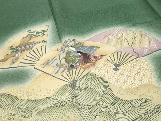 平和屋着物●友禅師・京の名工・伝統工芸士・樽本伊勢蔵 色留袖 暈し染め 扇面人物風景文 金銀彩 正絹 逸品 未使用 CABK2709gh