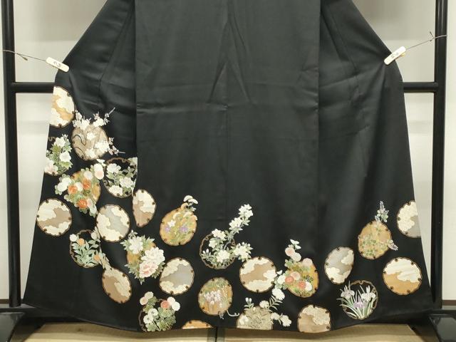 平和屋着物●訪問着 駒刺繍 雪輪花文 黒地 金彩 正絹 逸品 CABK2719gh