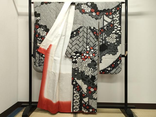平和屋着物●豪華振袖・長襦袢セット 総絞り 花車文 黒地 金彩 正絹 逸品 CABK2741gh