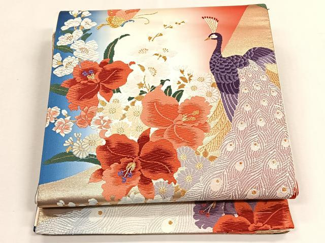 平和屋着物◎六通柄袋帯 孔雀花文 金糸 正絹 逸品 未使用 CABK2821yk