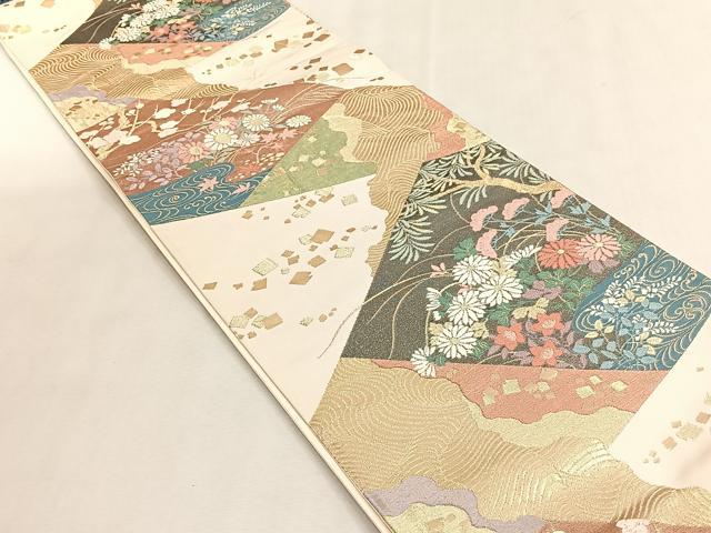 平和屋着物◎六通柄袋帯 唐織 切嵌流水花文 金糸 正絹 逸品 CABK2822yk