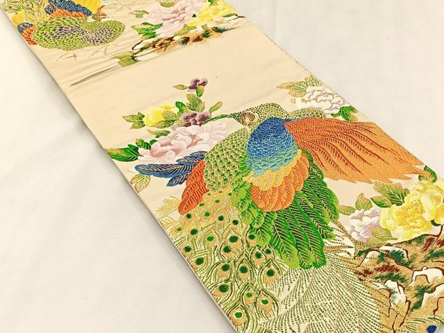 平和屋着物◎六通柄袋帯 孔雀花文 金糸 正絹 逸品 CABK2832yk