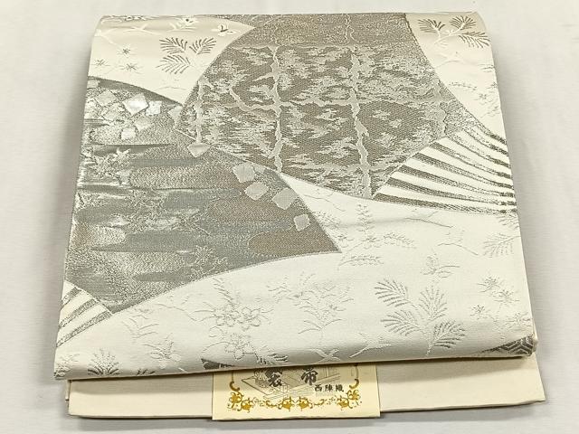 平和屋着物◎西陣 六通柄袋帯 扇面更紗花唐草文 プラチナ箔 二重箔 証紙付き 正絹 逸品 未使用 CABK2843yk