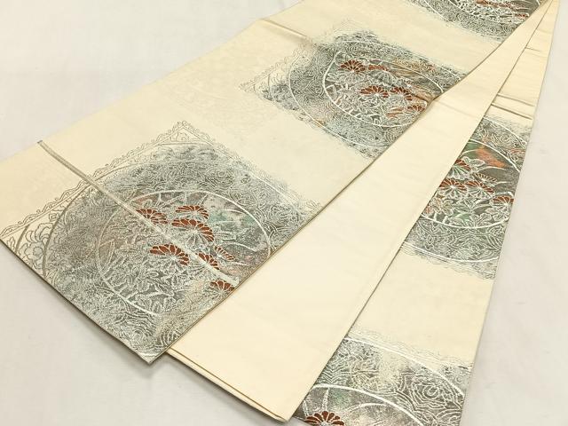 平和屋着物◎六通柄袋帯 手織 絵皿菊文 銀糸 正絹 逸品 CABK2850yk
