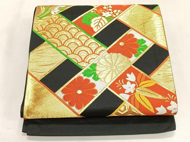 平和屋着物◎六通柄袋帯 草花文 黒地 金糸 正絹 逸品 CABK2875yk