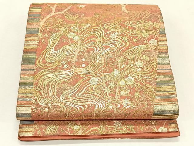 平和屋着物◎六通柄袋帯 流水枝梅文 金糸 正絹 逸品 CABK2880yk