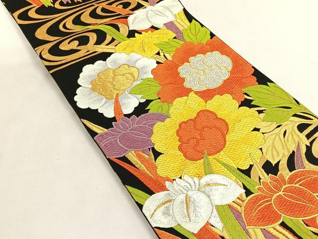 平和屋着物◎六通柄袋帯 唐織 流水草花文 黒地 金銀糸 正絹 逸品 CABK2923yk