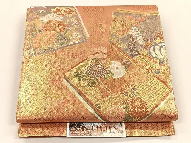 平和屋着物◎佐賀錦 西陣 六通柄袋帯 色紙草花文 金糸 証紙付き 上代28万 正絹 逸品 未使用 CABK2935yk
