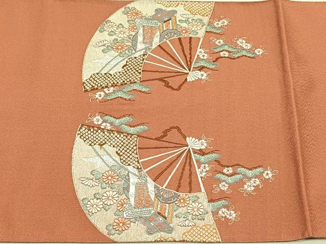 平和屋着物◎西陣 小寺織物謹製 太鼓柄袋帯 扇面御所車花蝶文 銀糸 証紙付き 正絹 逸品 未使用 CABK2946yk