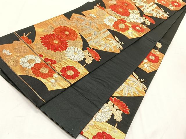 平和屋着物◎六通柄袋帯 唐織 地紙重ね草花文 黒地 金銀糸 正絹 逸品 CABK2969yk