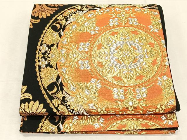 平和屋着物◎六通柄袋帯 万葉錦 花唐草文 黒地 金銀糸 正絹 逸品 CABK2982yk