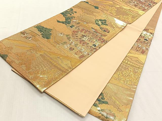 平和屋着物◎六通柄袋帯 人物風景文 金糸 正絹 逸品 未使用 CABK3007yk