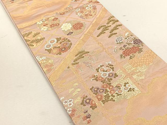 平和屋着物◎六通柄袋帯 流水草花文 金糸 正絹 逸品 CABK3030yk