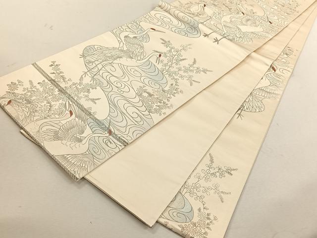 平和屋着物◎六通柄袋帯 流水草花鶴文 銀通し地 正絹 逸品 CABK3047yk