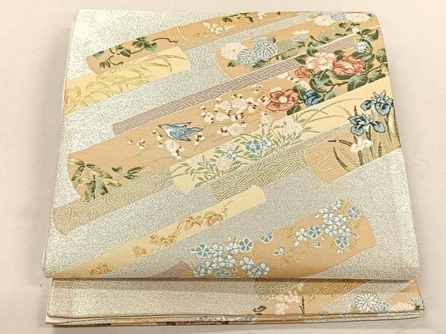 平和屋着物◎六通柄袋帯 唐織 横笛休み鳥草花文 金糸 正絹 逸品 CABK3057yk