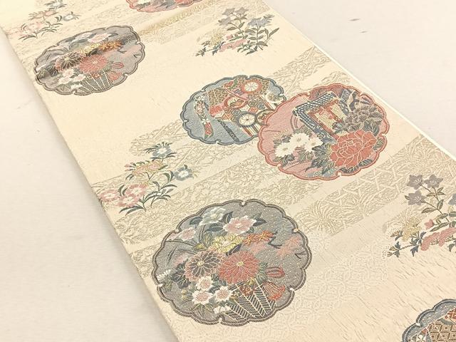平和屋着物◎六通柄袋帯 雪輪御所車花文 金糸 正絹 逸品 CABK3065yk