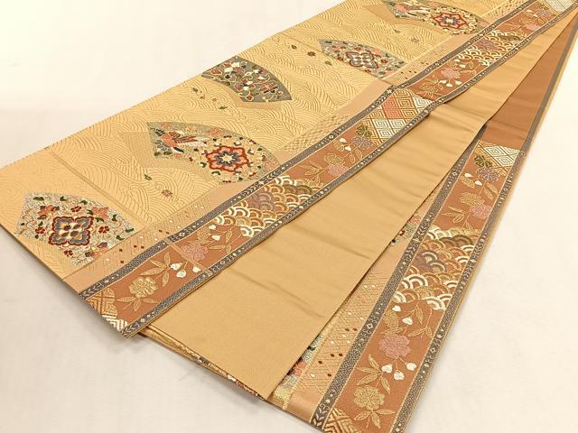 平和屋着物◎六通柄袋帯 唐織 地紙重ね花鳥文 金糸 正絹 逸品 未使用 CABK3087yk