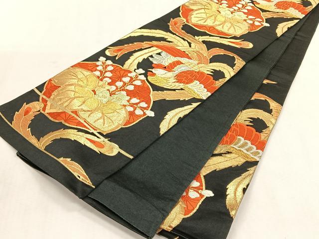 平和屋着物◎六通柄袋帯 鳳凰草花文 黒地 金銀糸 正絹 逸品 CABK3089yk