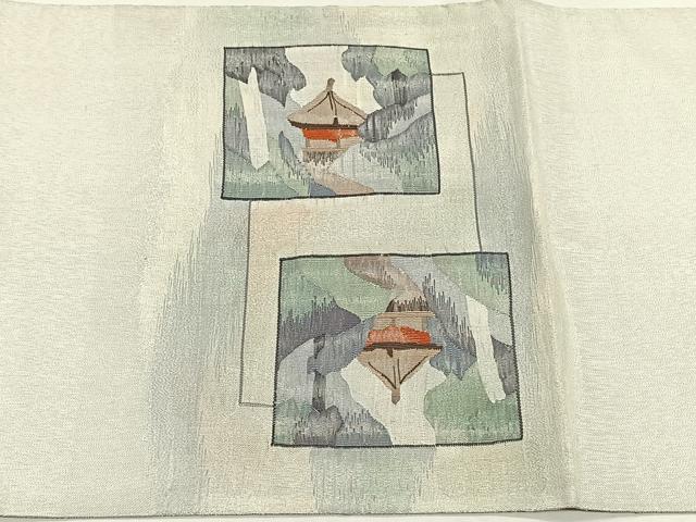 平和屋着物◎太鼓柄袋帯 色紙重ね風景文 銀糸 正絹 逸品 CABK3132yk