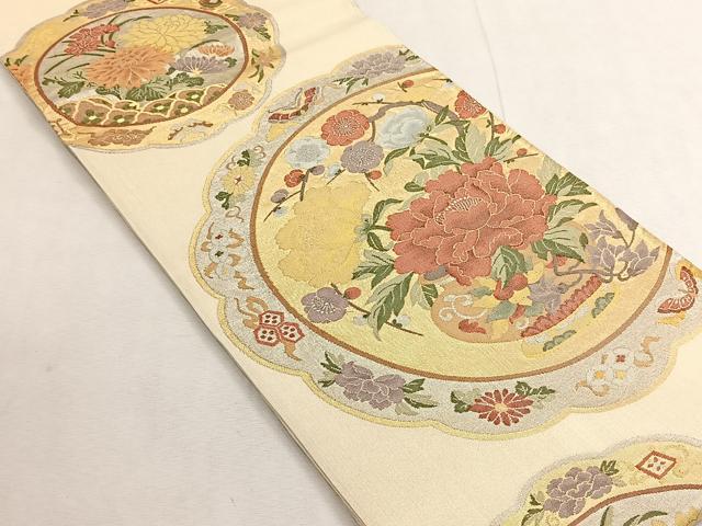 平和屋着物◎六通柄袋帯 花蝶絵皿文 金銀糸 正絹 逸品 CABK3162yk