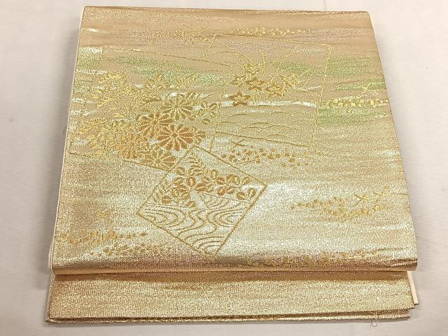 平和屋着物◎西陣 六通柄袋帯 色紙重ね草花文 金糸 証紙付き 正絹 逸品 未使用 CABK3168yk