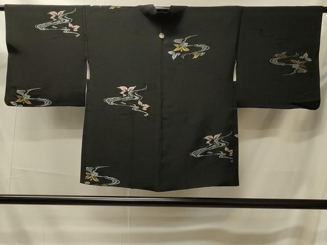 平和屋着物#羽織 寿光織 流水舞葉文 黒地 金銀糸 正絹 逸品 CABK3253in