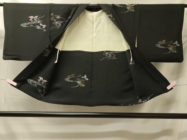 平和屋着物#羽織 寿光織 流水舞葉文 黒地 金銀糸 正絹 逸品 CABK3253in