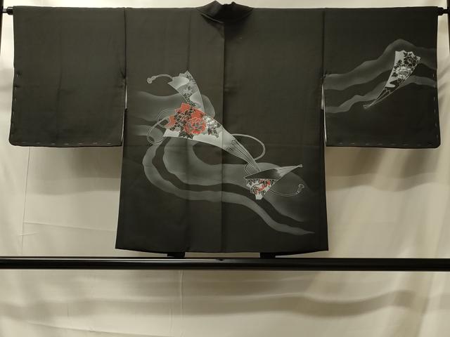 平和屋着物#羽織 刺繍 扇面草花文 黒地 正絹 逸品 未使用 CABK3277in